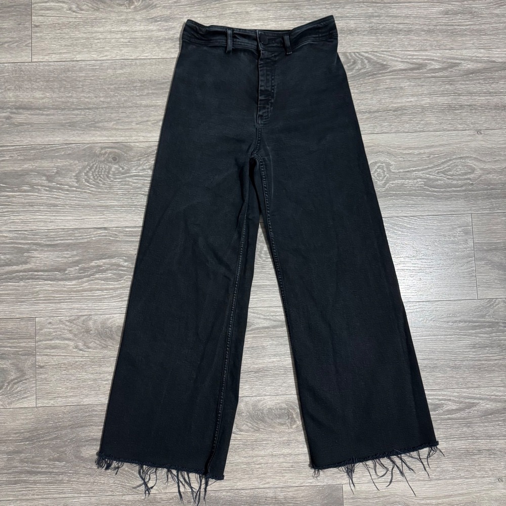 Washed Black High Rise Wide Leg Raw Hem‎ Jeans Patch Pockets 26W L28 Bohemian